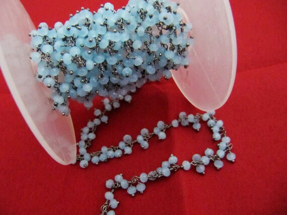 Aqua Chalcedony Faceted Dangling Cluster Chain 3-4mm Hydro Quartz Beaded Chain Cluster Chain Wire Wrapped chain sold per foot
