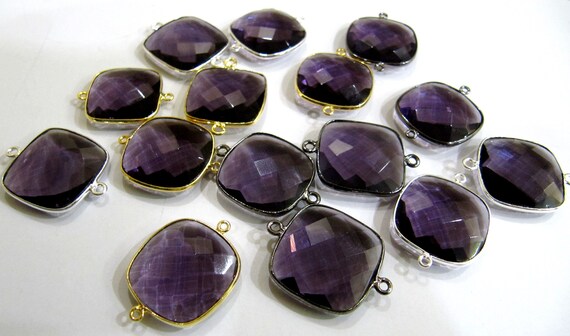 Amethyst Quartz Briolette Faceted Size 19mm Cushion Square Shape Double Loop Bezel Connector Choose the Plating color Sold Per Piece