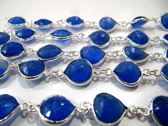 Natural Blue chalcedony 10-12mm Heart Shape Briolette Bezel Connector chain sold Per foot handmade Gemstone Jewllery