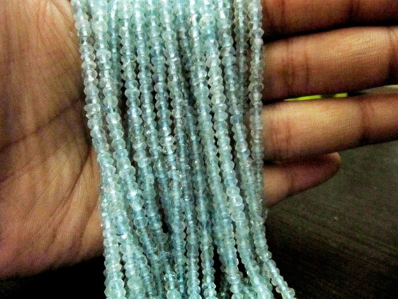 Natural Aquamarine Rondelle Faceted 3-4 mm Gemstone Beads Strand 13 inches long Top Quality Wholesale Prices aquamarine Gemstone beads