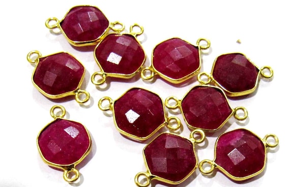 5 Pcs Set Dyed Ruby Hexagon Shape 10 mm Briolette Connectors  Double Loop Ruby Jewelry Making Bezels