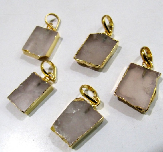 2 Pcs Set-Natural Rose Quartz Slice Pendant Free Form Connector Charm With 24K Gold Electroplated Edge Single Loop 1 inch approx