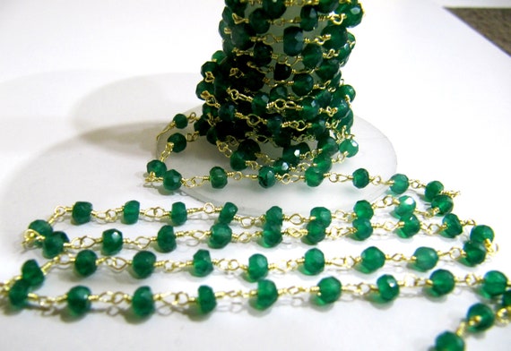 1 Foot -: Natural Green Onyx Rondelle Faceted 3-4mm Size Gemstone Beaded Wire Wrapped Rosary chain Wholesale Prices handmade chain