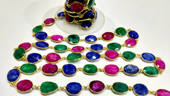 Ruby Emerald Sapphire 12 to 15mm Briolette Connector Bezel Chain  Gold Plated Free shape handmade Multi color Bezel chain sold per foot