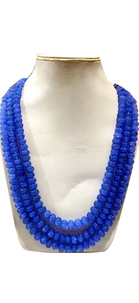 Tanzanite Hand carved Beads Three Layered Beaded Necklace 24 Inch Long multi stranded Blue Necklace Jewellery