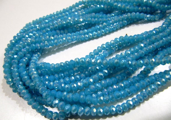 AB Coated Aqua Blue Chalcedony Hydro Quartz Rondelle Faceted Size 3-4mm Beads Strand 14 inches long Wholesale prices