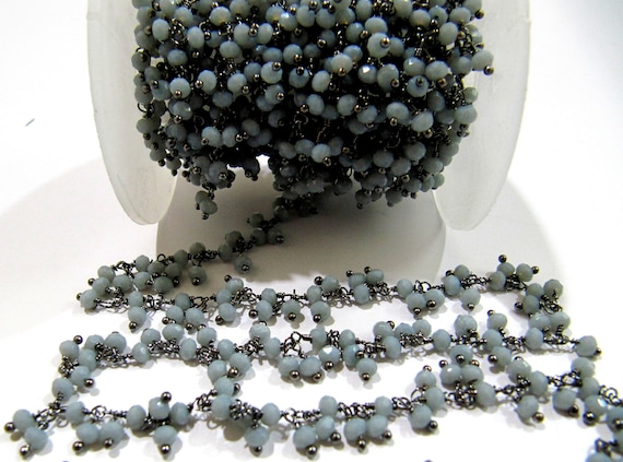 Grey Moonstone  Hydro Quartz Dangling Cluster Beaded Rosary Chain Rondelle Faceted 3-4mm Beads Wire Wrapped chain sold per foot