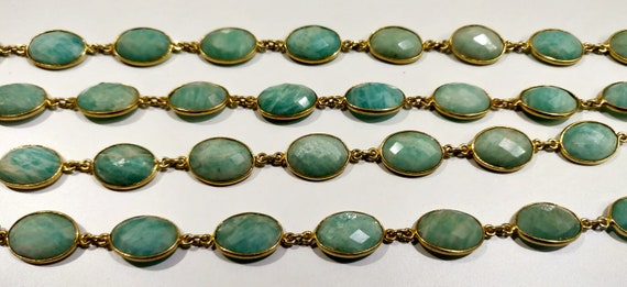 Natural Amazonite Oval Shape 10x15mm Connector Chain Best Quality Genuine Briolette Faceted Stone Bezel Connector Gemstone Chain Per foot