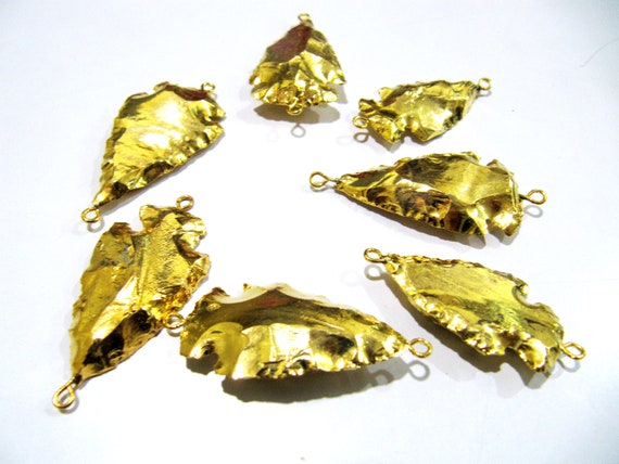 2 Pcs Set Natural Jasper Gemstone Full Gold Electroplated Double Loop Arrowhead Connector Charms Pendant Size 1 to 1.5 Inches Long