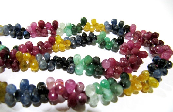 Natural Multi Precious Gemstone Ruby Emerald Sapphire faceted Briolette Tear drop beads Jewelry Making BEST Quality Beads 5 to 10mm