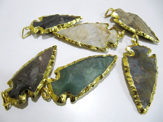 2 Pcs Set Natural Jasper Gold Electroplated Edge Single Loop Arrowhead Connector Charms Pendant Size 3 to 3.5 Inches Long