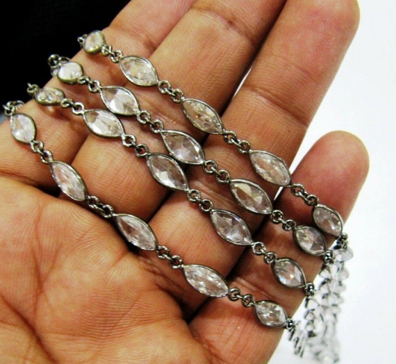 Cubic Zirconia Briolette Marquise Shape Size 6x9mm Bezel Gold /Silver/Black/Rose Gold Plated Handmade Tiff Connector Chain sold per foot