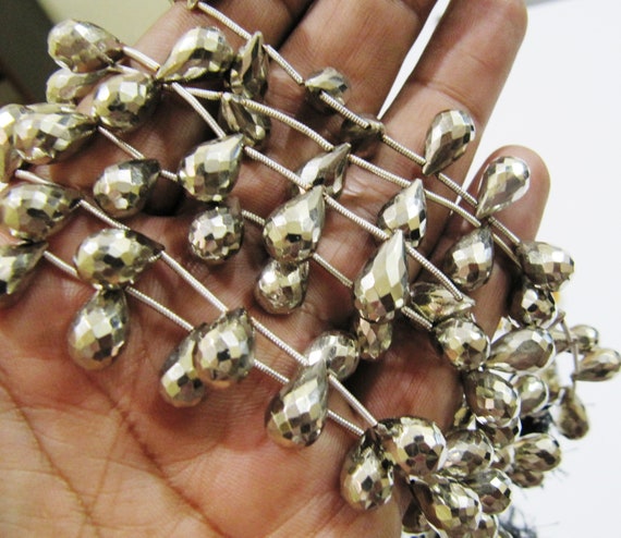 Natural Silver Coated Pyrite Drop Shape Briolette Beads 8x12mm to 8x14mm Top Quality Gemstone Beads Strand 8 inch Long Jewelry beads