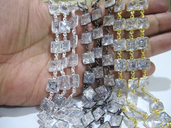 Best Quality Cubic Zirconia Cushion Shape 10mm CZ bezel Connector Chain Sold Per Foot Top Quality Wholesale Price Handmade chain
