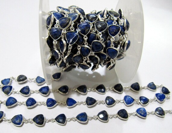 Natural Lapis Lazuli Trillian Cut Connector Chain Briolette Connector Chain 8 mm Silver Plated Gemstone Bezel Chain Sold per foot