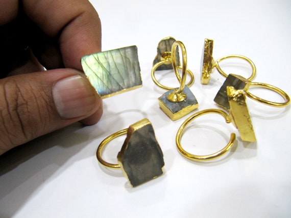 Natural Labradorite Stone Designer Rings Adjustable Size Free Size 24 Kt Gold Electroplated Jewelry For Girls and Women Wholesale Prices