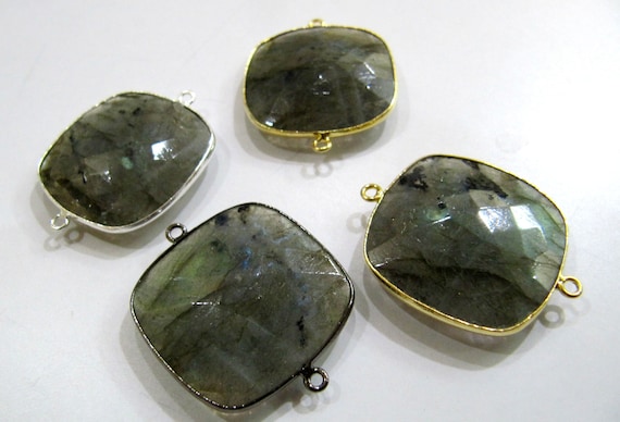 Natural Labradorite Square Cushion Shape 24mm Briolette Faceted Double Loop Bezel Connectors Grey Stone Link Bezel Sold Per Piece