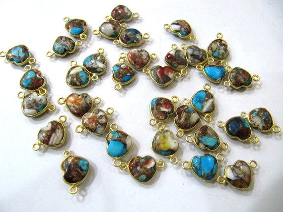 Natural Oyster Copper Turquoise heart Shape 10mm Briolette Connectors double side loop Bezel Charms Sold per Piece
