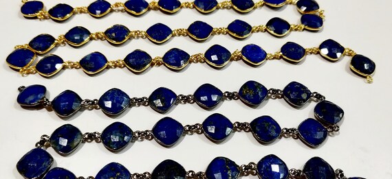 Lapis Lazuli  Briolette Faceted Cushion Shape Size 12 to 13mm Bezel Connector Link Chain Sold Per Foot Jewelry Making Gemstone Chain
