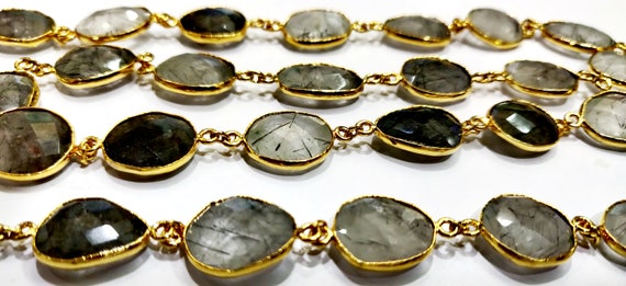 Black Rutilated Quartz Briolette Faceted Uneven Free Shape Size 10 to 15mm Bezel Connector Chain Sold Per Foot High quality