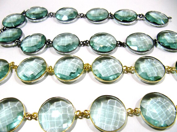 Green Amethyst Quartz  Briolette Faceted Round Coin Shape 20mm Bezel Connector Link Chain Sold Per Foot Jewelry making chain