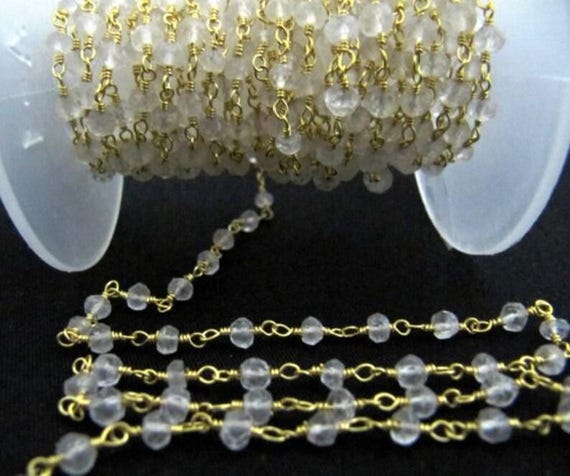 Natural Rock Crystal Quartz  Rosary Rondelle Faceted Beads 3-4mm chain  Clear Quartz Beaded Chain Wholesale Prices Jewelry Making per foot