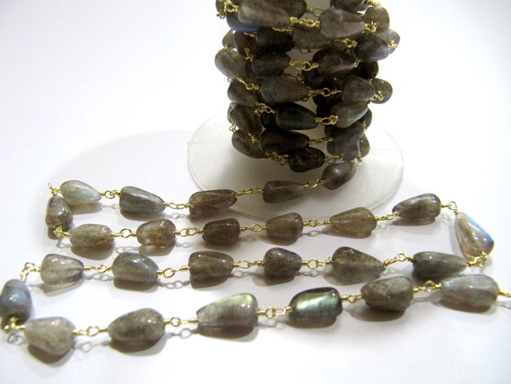Natural Labradorite Plain Smooth Drop Shape 5x10mm Size Wire Wrapped Beaded Rosary Chain Jewelry making Chain Wholesale Prices sold per foot