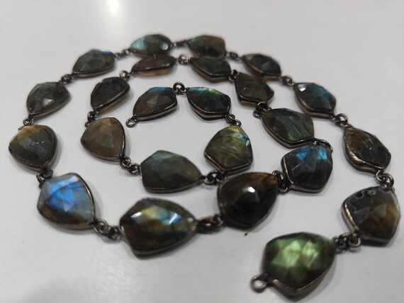 Natural Labradorite Fancy Shape Briolette faceted  Bezel Connector Chain 10 to 15mm Gold/Silver/Black/Rose Gold Plated Sold Per Foot