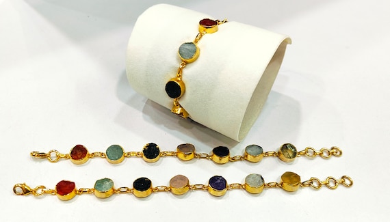 Handmade Gemstone Bracelet Multi Color Round 8mm Stones with Link Chain Gold Plated 7inches long including 1 inch extender