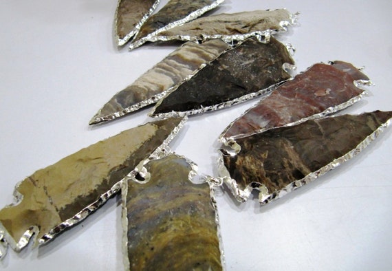 2 Pcs Set Natural Jasper Silver Electroplated Edge Single Loop Arrowhead Connector Charms Pendant Size 3 to 3.5 Inches Long