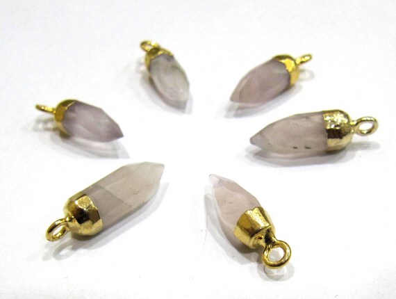 2 piece Natural Rose Quartz Tiny Bullet Charm Pointer Pendant  Single Loop Connector Charm  Gold Electroplated approximately 0.5 inch long