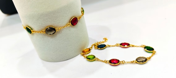 Handmade Gemstone Bracelet Multi Color Oval Briolette  8x10mm Stones with Link Chain Gold Plated 8 inches long including 1 inch extender