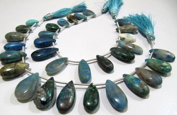 Natural Blue Chrysocolla Pear Shape Plain Smooth Briolette 8x12mm To 9x14mm Graduated Jewelry Making Beads Strand 8 Inches Long