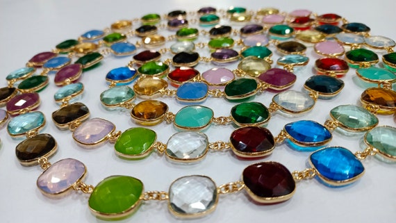 Natural Multi Gemstone Cushion Shape  Briolette 15mm Bezel Connector Chain Sold Per Foot Great Quality