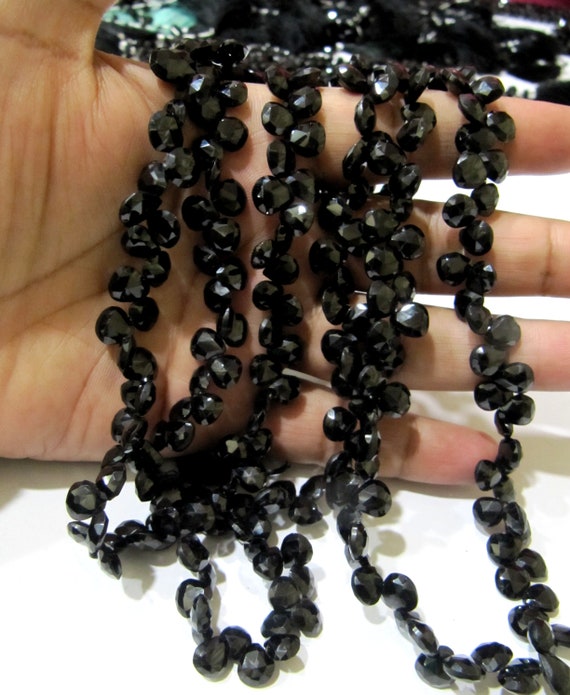 Natural Black Spinel heart Shape Briolette Faceted 8 to 10mm Gemstone beads 8 inches Strand jewelry making bead Sold per Strand