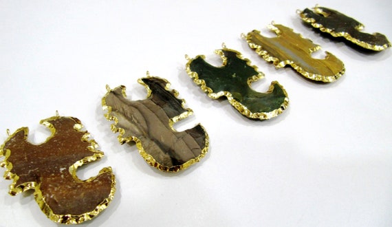 Natural Jasper Scorpio Shape Design Gold Electroplated Edge Double Loop Arrowhead Connector Charms Pendant Size 2 to 2.5 inch Long