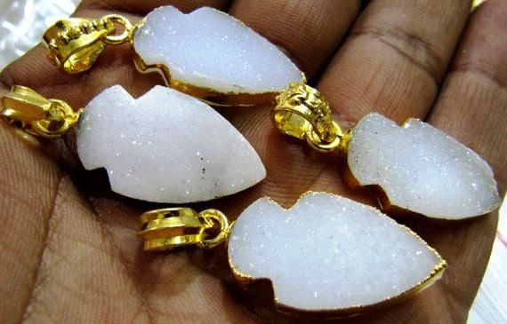 Natural White Druzy Gemstone Arrowhead Pendant Charm Gold Electroplated Edge Stunning drusy clover Arrowhead Pendant 30- 40mm sold per piece