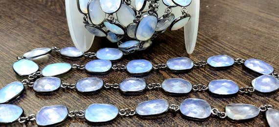 White Opalite Free Shape Briolette Faceted 10to15mm Bezel Connector Chain sold per Foot Gemstone Chain