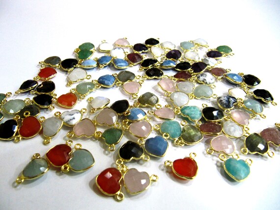Natural Gemstone heart shape Double  loop Bezel Connectors Gold Plated 10mm Charms for jewellery making sold per piece