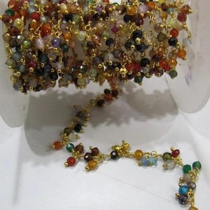 Multi Color Cubic Zirconia Rondelle Faceted  3-4mm Beaded Rosary Wire Wrapped Dangling Chain Wholesale Prices Jewelry sold per foot