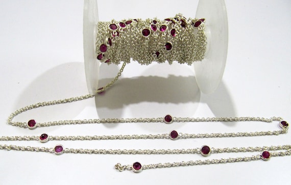 92.5% Sterling Silver Fancy Ruby  Round 4mm bezel Connector Station Chain Sold Per Feet Top Quality Wholesale Prices