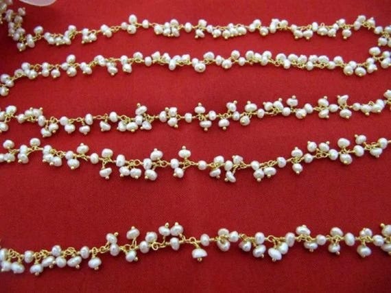 Natural Pearl Rondelle 3mm Beads Cluster Chain Real Pearl Beaded Dangling Chain Wholesale Price Gemstone Handmade Jewelry sold Per FOOT