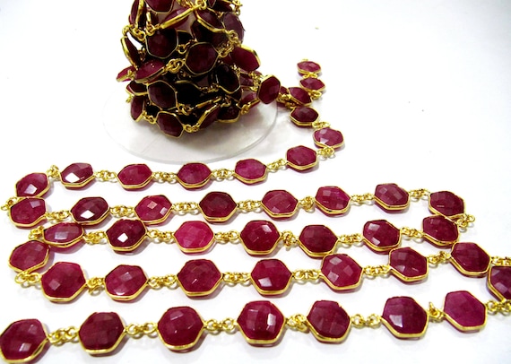 Dyed Ruby Hexagon Briolette Faceted Stone Bezel Connector Chain 10mm Sold Per Foot High Quality Wholesale price gemstone chain
