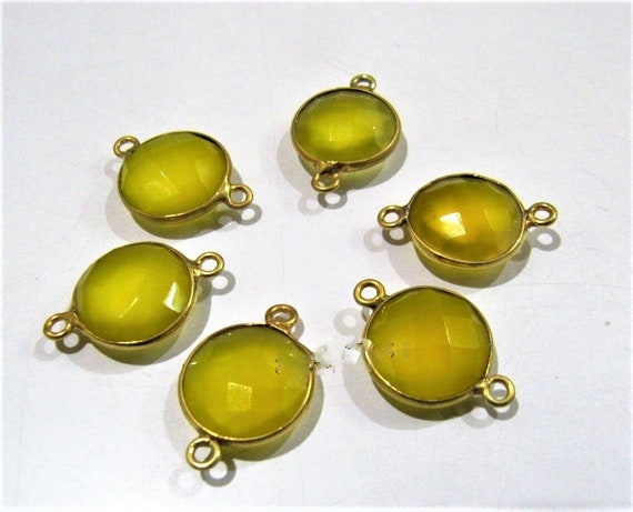 2 Pcs Set Yellow Chalcedony  Briolette Connector Round Coin Shape Bezels 12MM Size Double Loop Bezel
