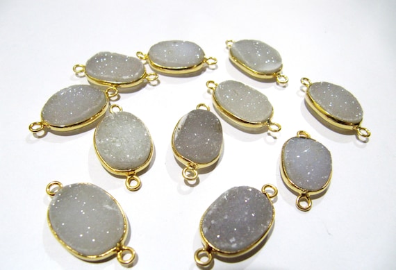 Set Of 2 Piece Natural White Druzy Oval Shape Connector  10x15mm to 14x20mm  Bezel , Gemstone Connector  Double Loop Bezel Wholesale Prices