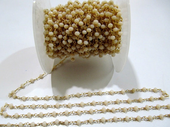 3 Feet- Pink Chalcedony Hydro Quartz Rosary Chain Rondelle Faceted 3-4mm Crystal beaded Wire Wrapped chain sold in Wholesale prices
