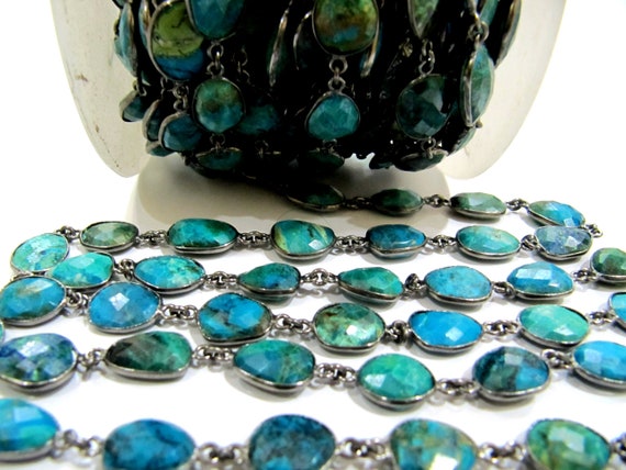 Natural Chrysocolla Briolette faceted Size 10 to 15mmConnector Bezel Chain Uneven Free Shape Sold Per Foot Wholesale Prices