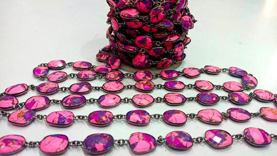 Natural Mohave Pink Calcite and Purple Copper Turquoise 12to15mm Free Shape Bezel Connector Chain Sold Per foot Great Quality Chain