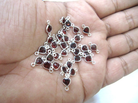 925 Sterling Silver Natural Garnet gemstone Heart shape Briolette 5-6mm Bezel Connector Double Loop Charms Sold Per Piece