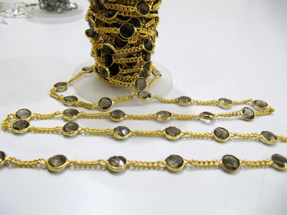 Natural Smoky Quartz Connector Chain, Genuine Smoky Quartz Briolette Coin Shape 7mm,Connectors linked with Curb chain Sold Per Foot